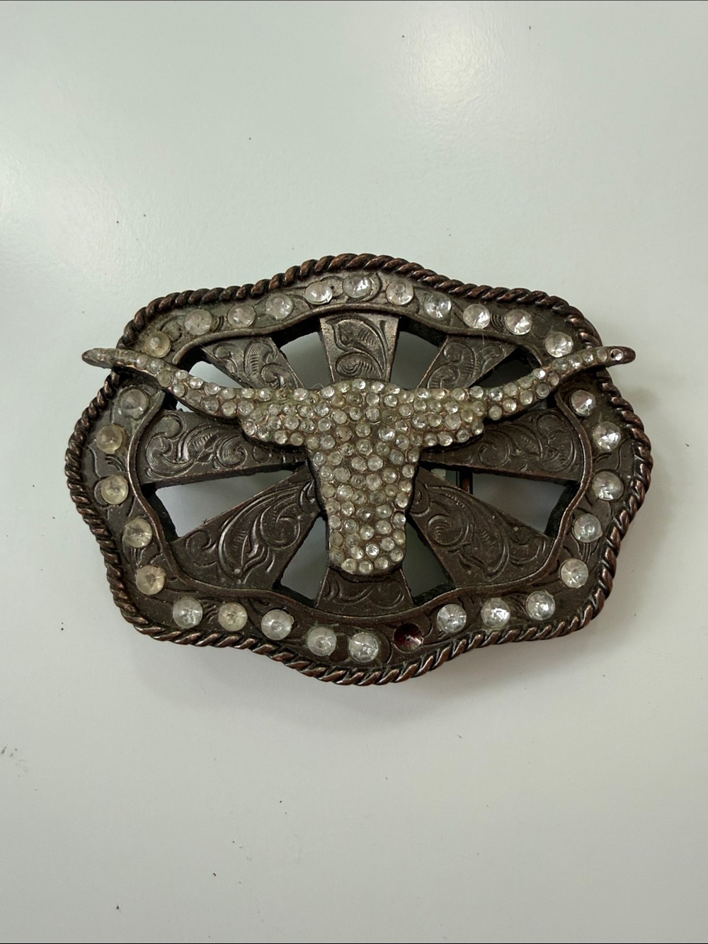 Cowboy Belt Buckle. Rhinestones throughout. Long Horn design. From Austin TX